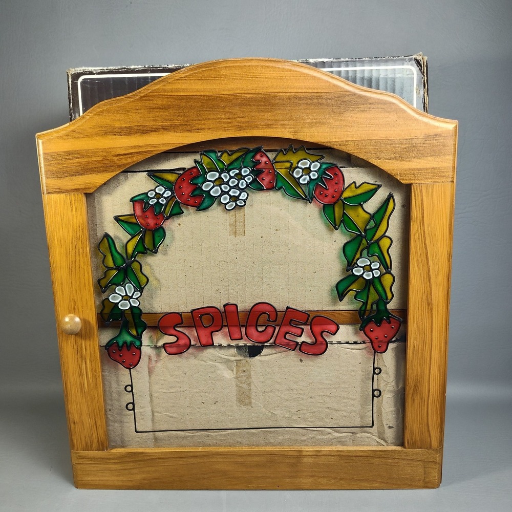 Vintage Stained Glass Strawberry Spice Cabinet 12 Jars 24 Labels NEW NOS NIB